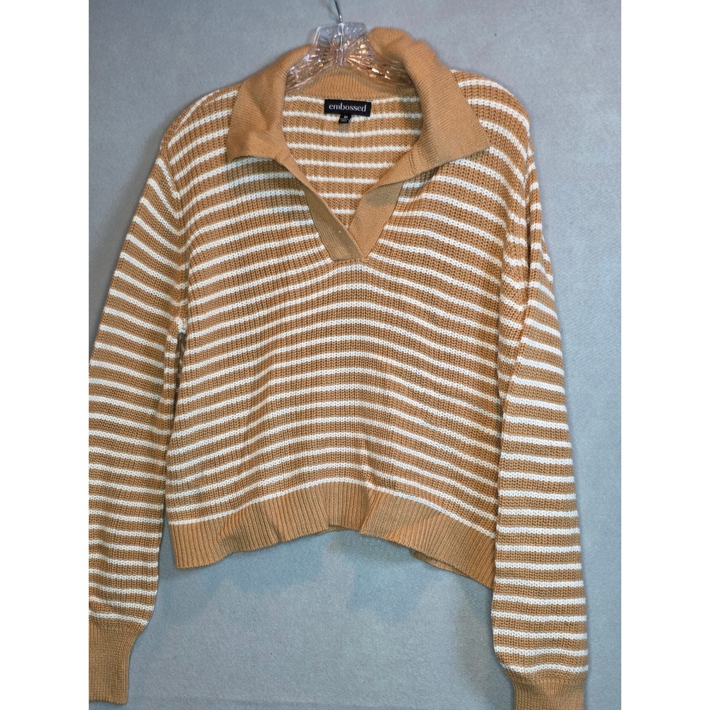 Embossed Tan White Striped Knit Polo Sweater Womens Medium Cropped V-Neck